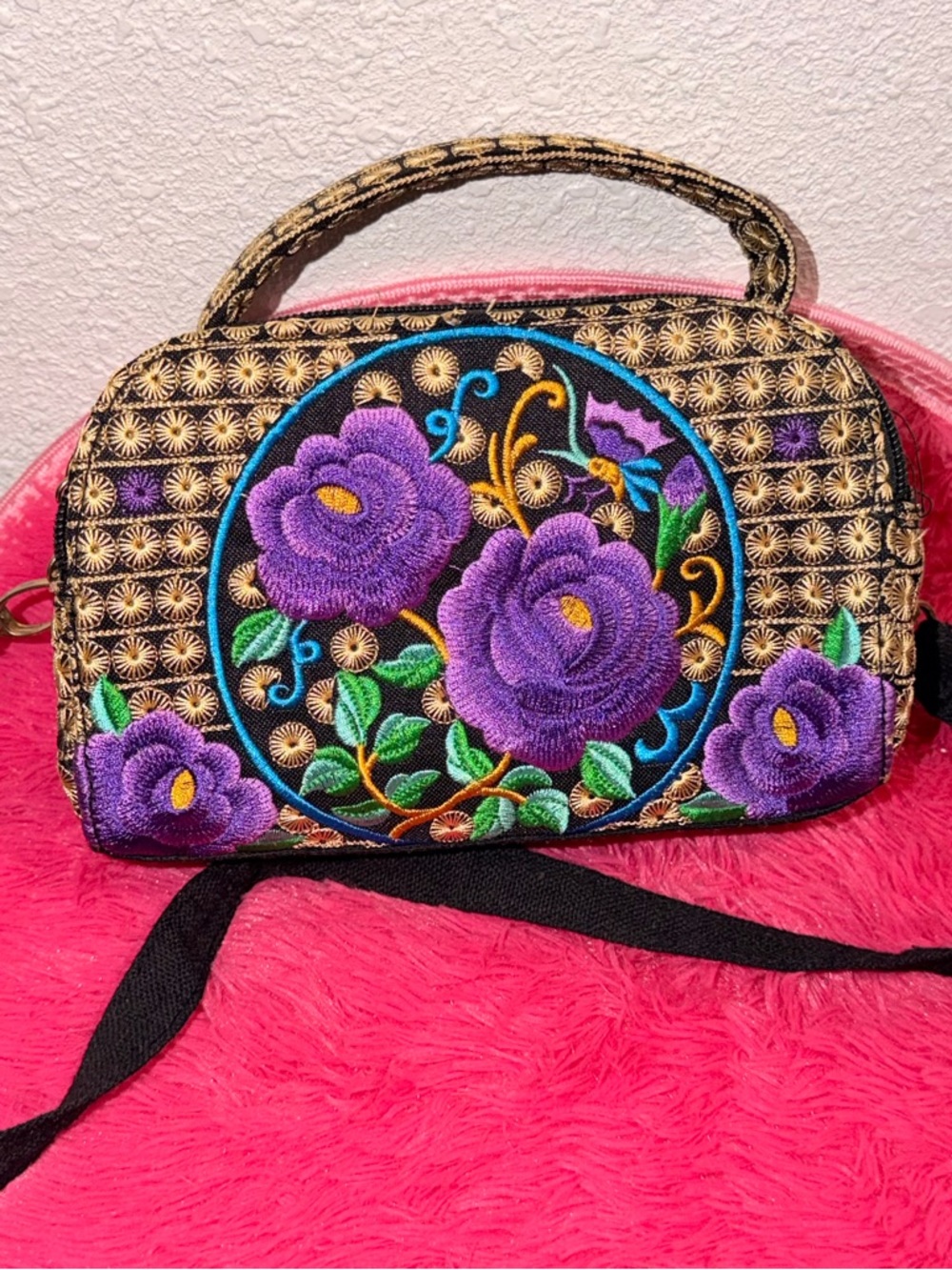 Purple Floral Embroidered Crossbody Bag with Black Base